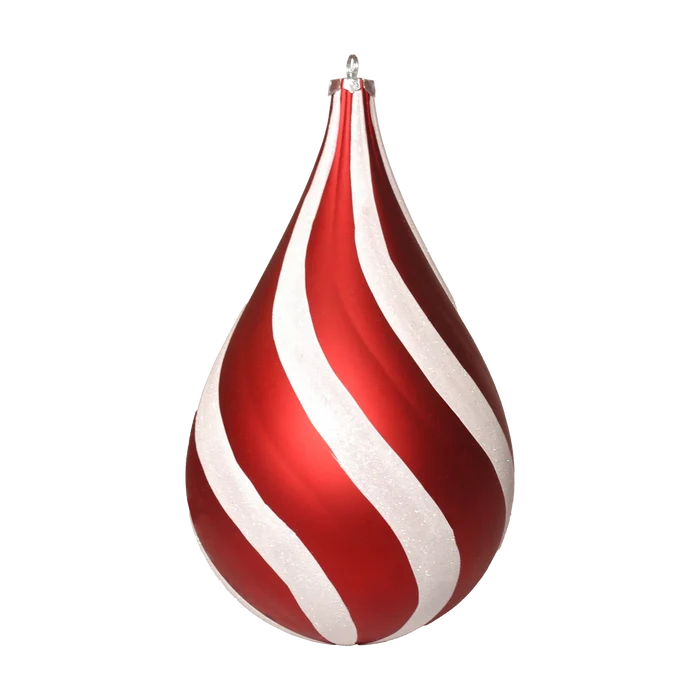 Red and white swirl waterdrop ornament featuring a teardrop shape, candy cane-style stripes, glittered white accents, and a silver hanging cap.