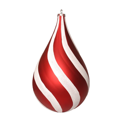 Red and white swirl waterdrop ornament featuring a teardrop shape, candy cane-style stripes, glittered white accents, and a silver hanging cap.