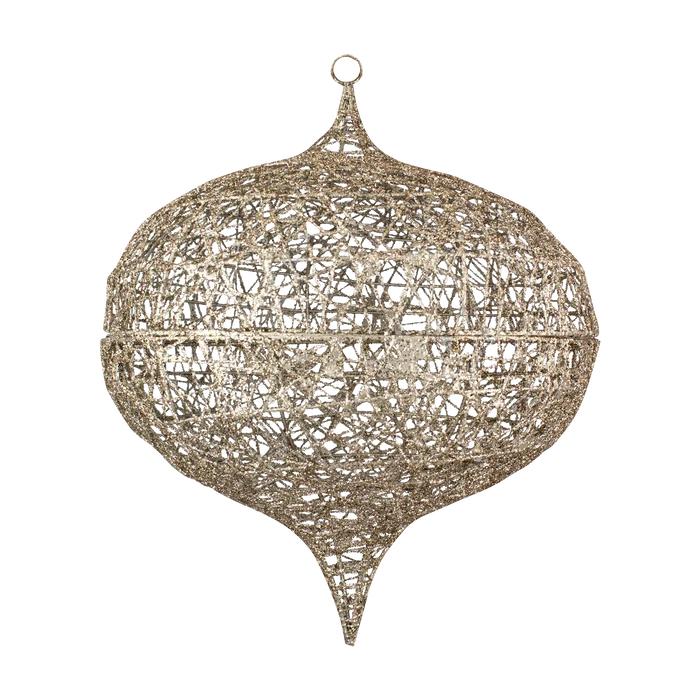 Champagne glitter onion cage ornament featuring an open lattice design, sparkling metallic finish, pointed bottom, and hanging loop.