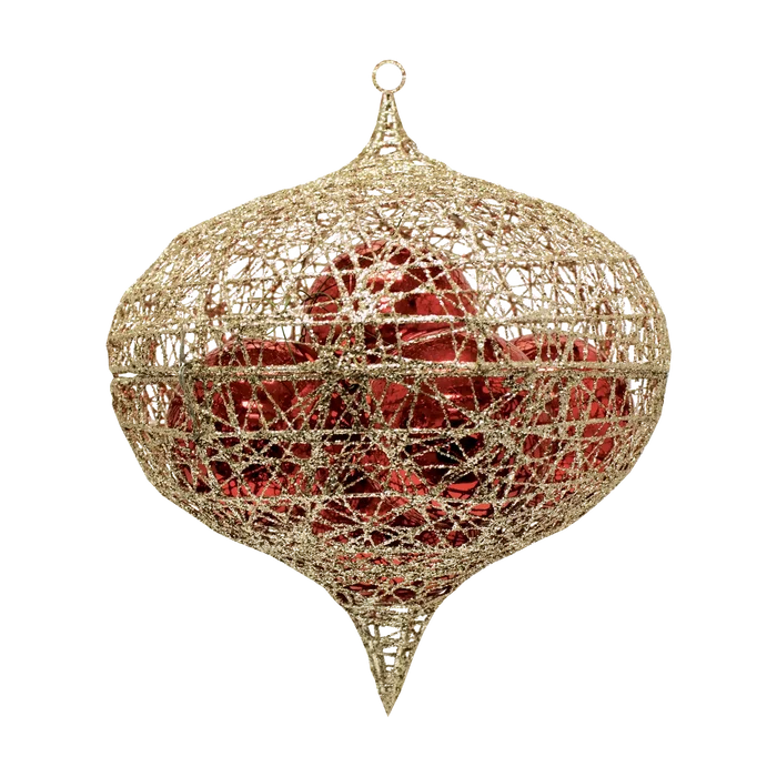 Champagne glitter onion cage ornament featuring an open lattice design, sparkling metallic finish, pointed bottom, and hanging loop.