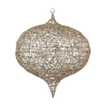 Champagne glitter onion cage ornament featuring an open lattice design, sparkling metallic finish, pointed bottom, and hanging loop.