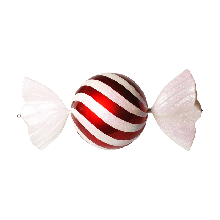 Red and white jumbo candy ornament featuring a round striped center with glittered white wrapper ends and a glossy red finish.