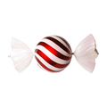 Red and white jumbo candy ornament featuring a round striped center with glittered white wrapper ends and a glossy red finish.