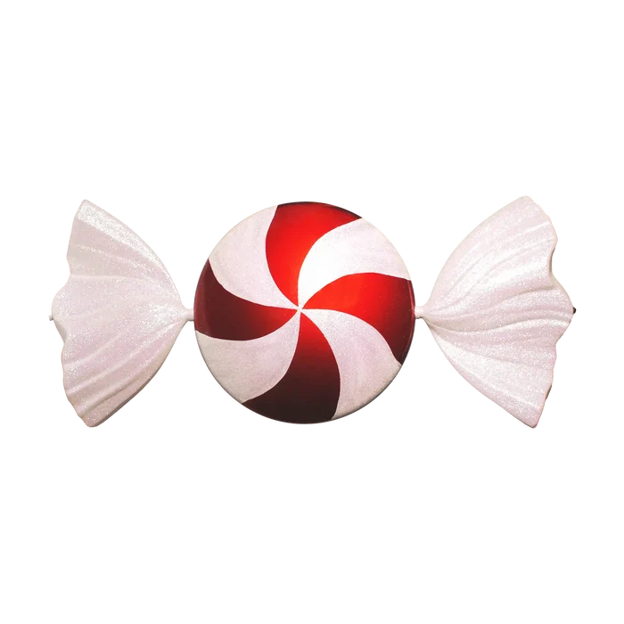 Red and white pinwheel jumbo candy ornament featuring a half-round peppermint swirl center with glittered white wrapper ends.