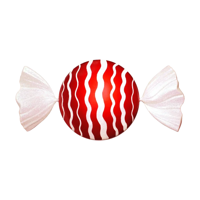 Red and white curly round jumbo candy ornament featuring wavy white stripes, a glossy red center, and glittered white wrapper ends.