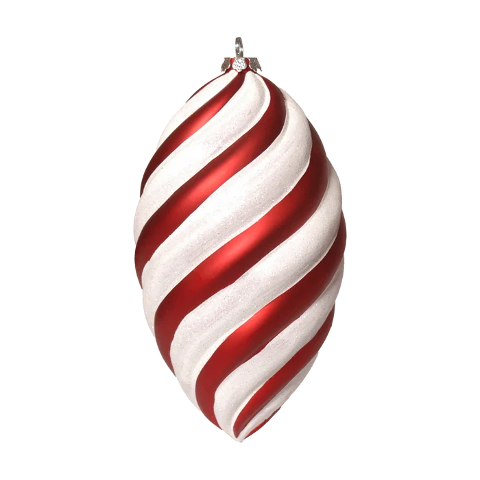 Red and white swirl oval ornament featuring alternating candy cane-style stripes, a glittered white finish, and silver hanging cap.