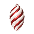 Red and white swirl oval ornament featuring alternating candy cane-style stripes, a glittered white finish, and silver hanging cap.