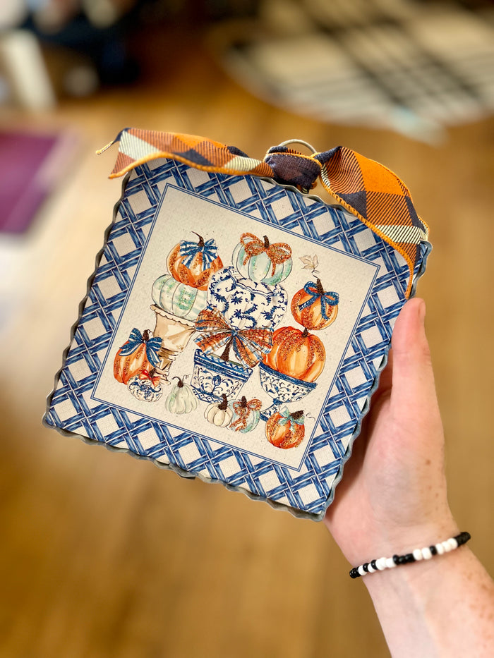 Blue and White Lattice with Pumpkins Fall Mini Print