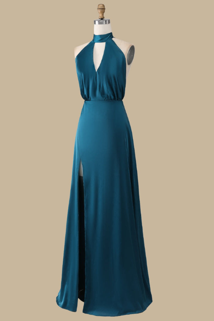 Halter Blouson-Style Maxi Dress with Slit