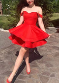 A-line Off Shoulder Sweetheart Layered Red Satin Short Mini Homecoming Dress