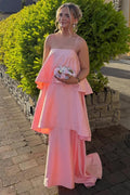A-Line Spaghetti Straps Layered Satin Sleeveless Long Formal Prom Dress