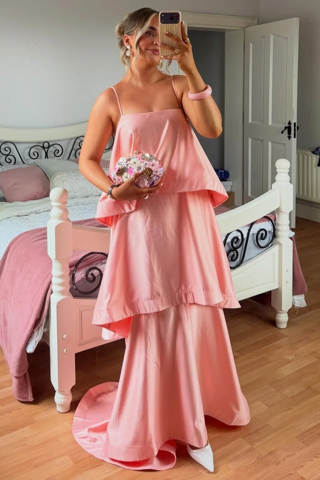 A-Line Spaghetti Straps Layered Satin Sleeveless Long Formal Prom Dress