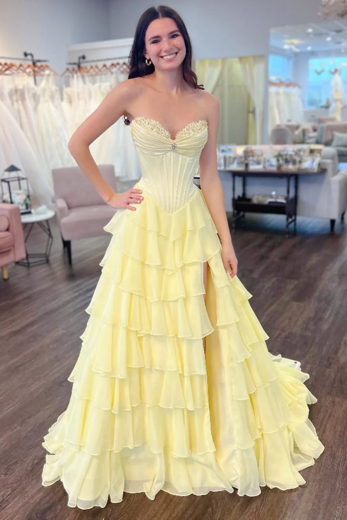 A-Line Strapless Empire-Waist Ruffles Chiffon Long Prom Dress with Slit