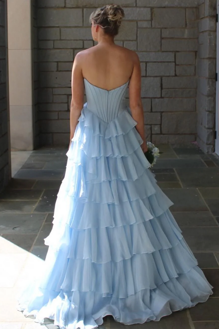 A-Line Strapless Empire-Waist Ruffles Chiffon Long Prom Dress with Slit