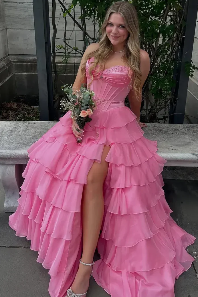 A-Line Strapless Empire-Waist Ruffles Chiffon Long Prom Dress with Slit