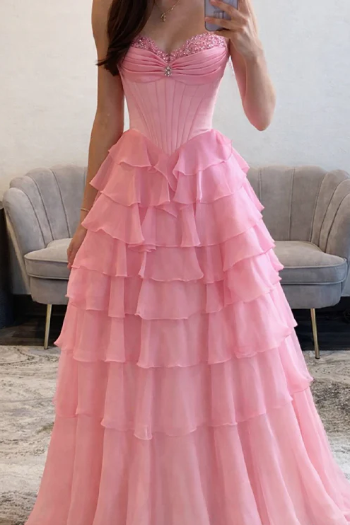 A-Line Strapless Empire-Waist Ruffles Chiffon Long Prom Dress with Slit