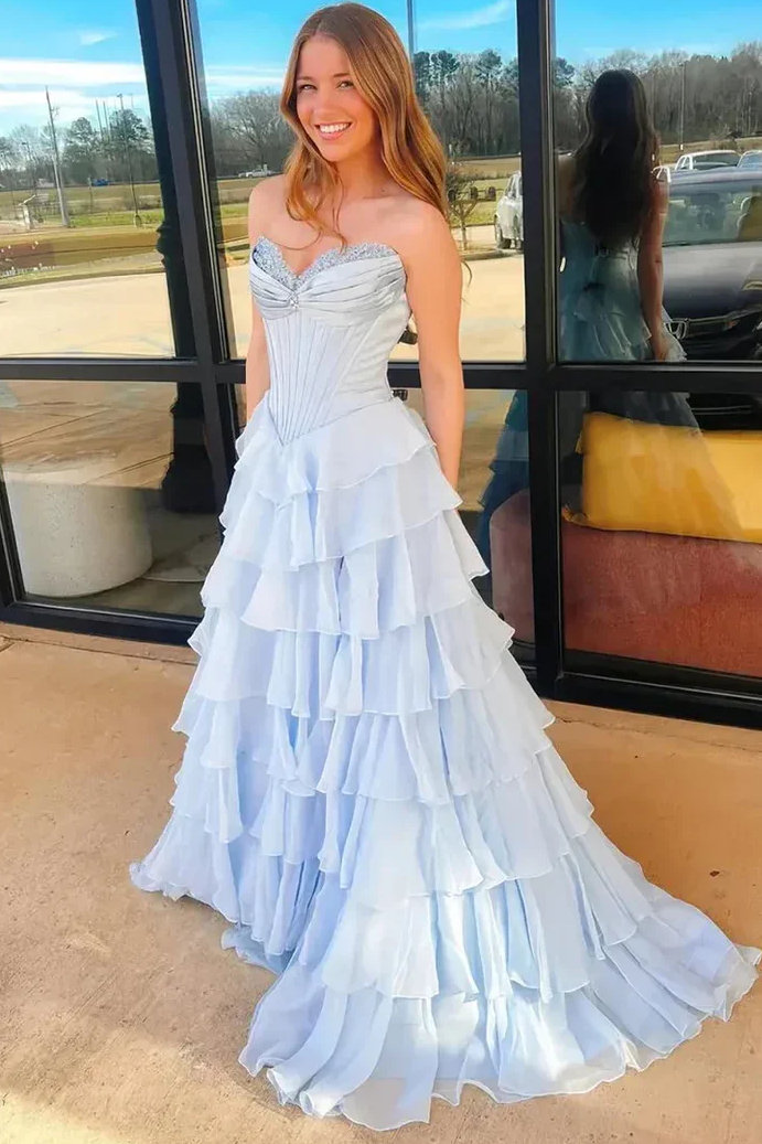 A-Line Strapless Empire-Waist Ruffles Chiffon Long Prom Dress with Slit
