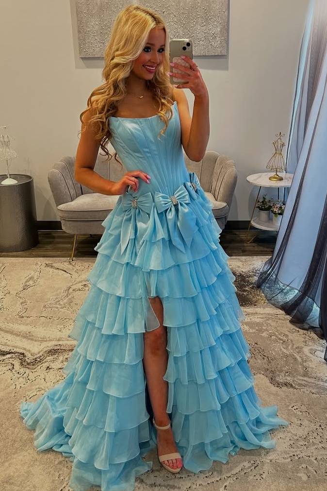 A-Line Strapless Scoop Empire-Waist Layered Prom Dress with Bows