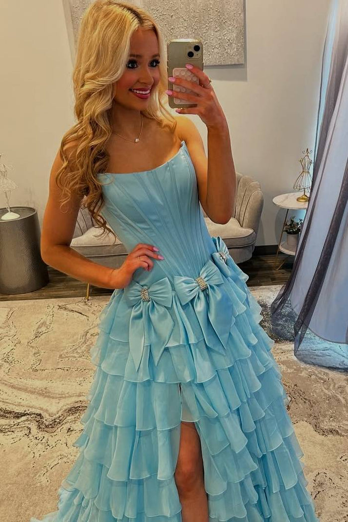 A-Line Strapless Scoop Empire-Waist Layered Prom Dress with Bows
