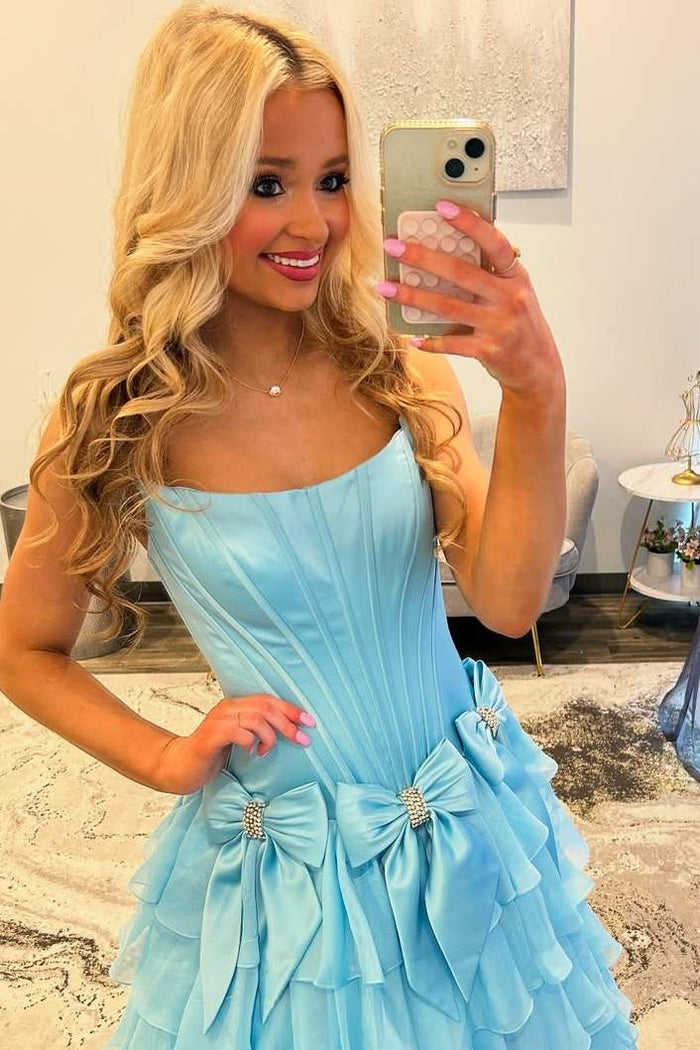 A-Line Strapless Scoop Empire-Waist Layered Prom Dress with Bows