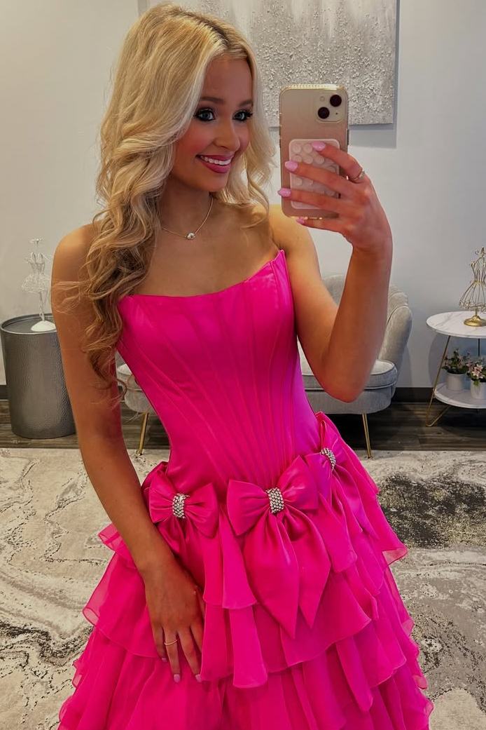 A-Line Strapless Scoop Empire-Waist Layered Prom Dress with Bows