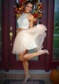A-line Two Piece Halter Ivory Organza Short Mini Homecoming Dress, Beading Sequins