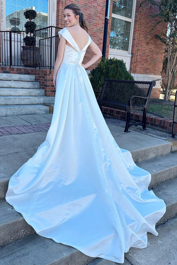 White Portrait High-Waist A-Line Long Wedding Dress