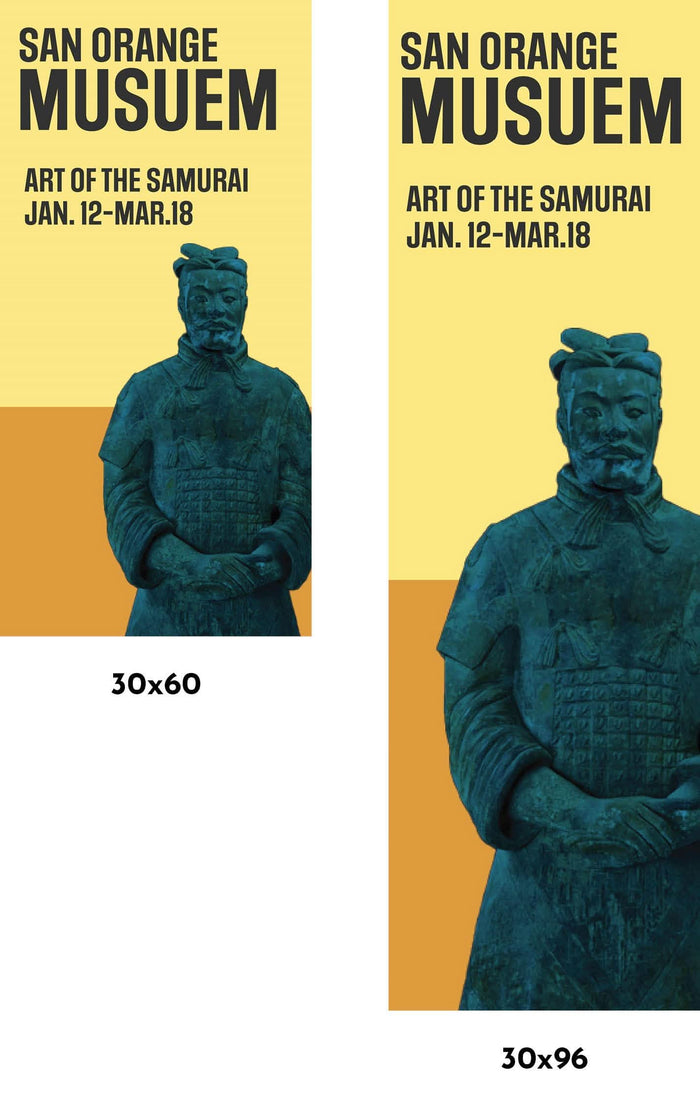 A poster advertising an exhibition titled "Art of the Samurai" at the San Orange Museum, which runs from January 12th to March 18th.