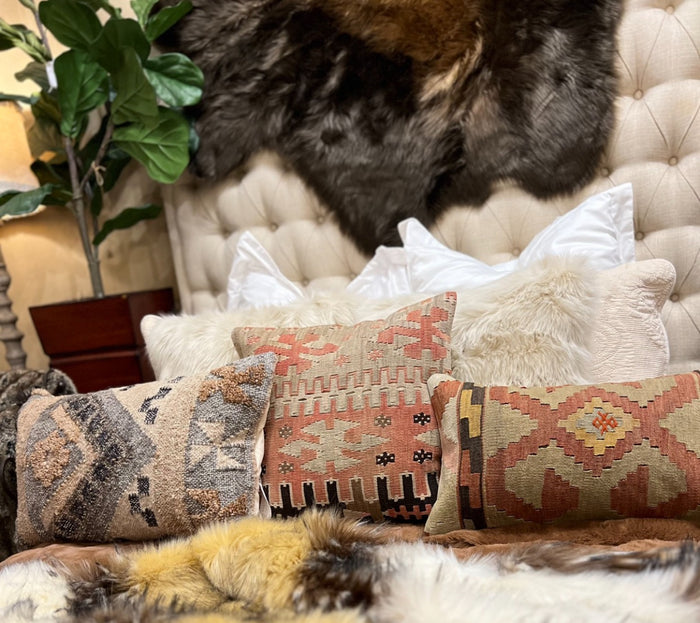 Aztec Kilim Pillow with 12”x20” Form Western Style, Dark Terra Cotta, Brown