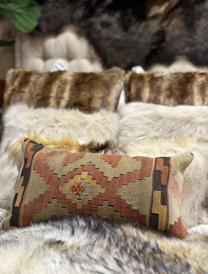Aztec Kilim Pillow with 12”x20” Form Western Style, Dark Terra Cotta, Brown