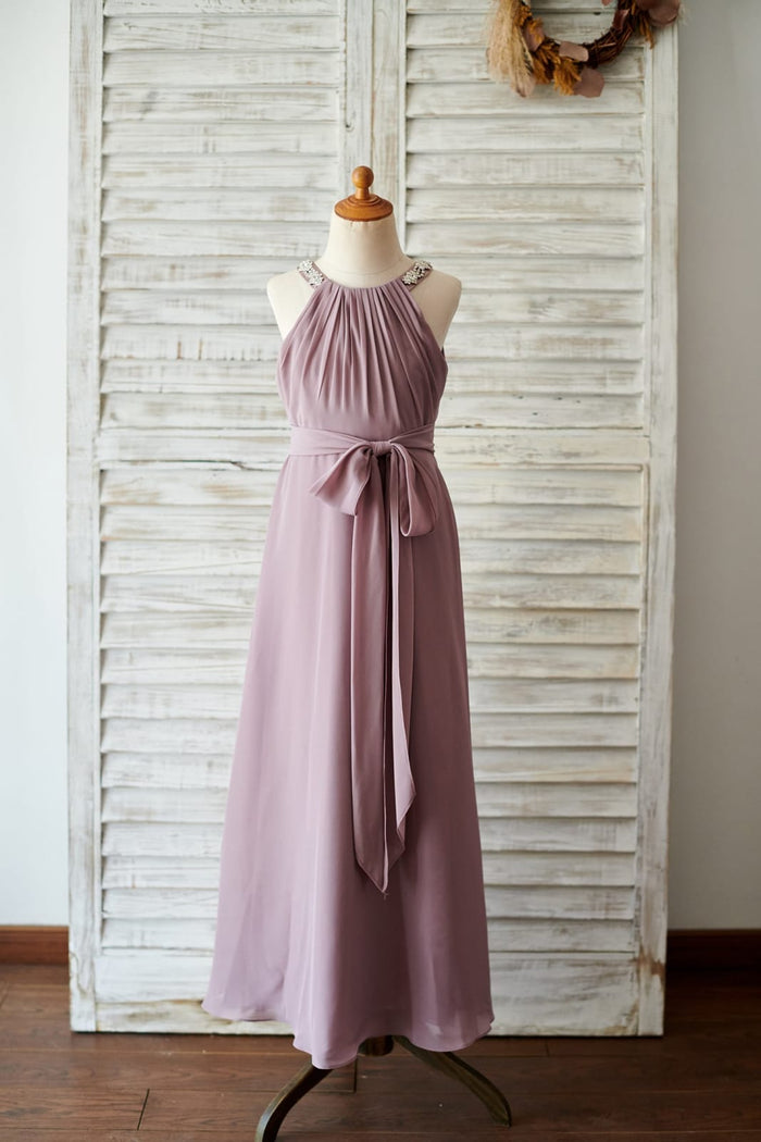 Beaded Mauve Chiffon Wedding Junior Bridesmaid Dress in