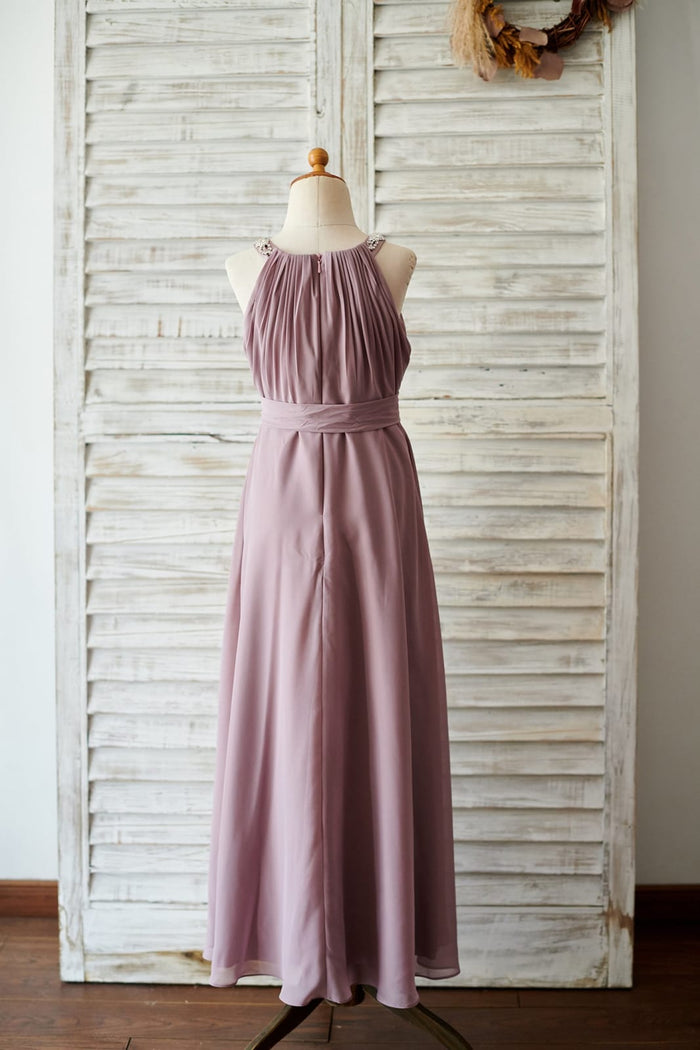 Beaded Mauve Chiffon Wedding Junior Bridesmaid Dress in