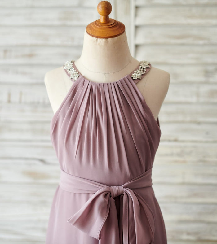 Beaded Mauve Chiffon Wedding Junior Bridesmaid Dress in