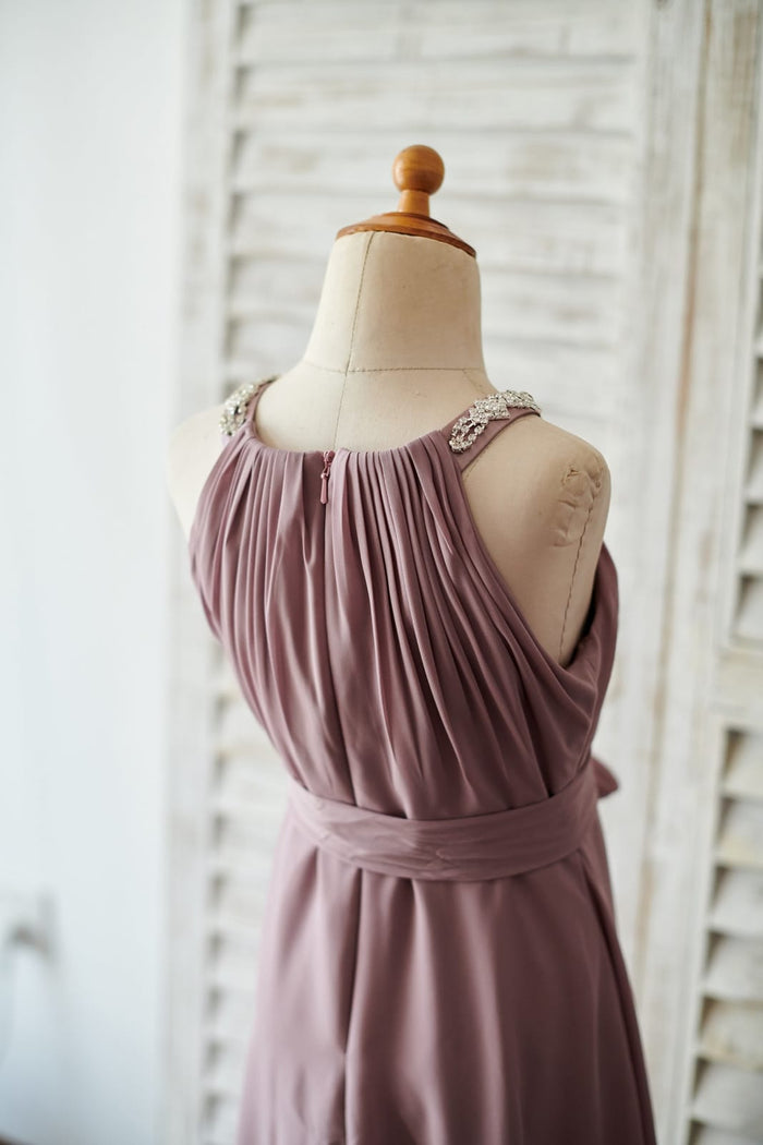 Beaded Mauve Chiffon Wedding Junior Bridesmaid Dress in