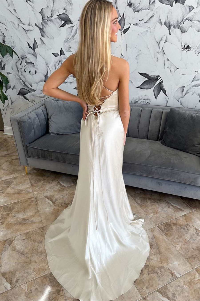 Beige Satin Lace Belted Ruching Long Gown with Slit