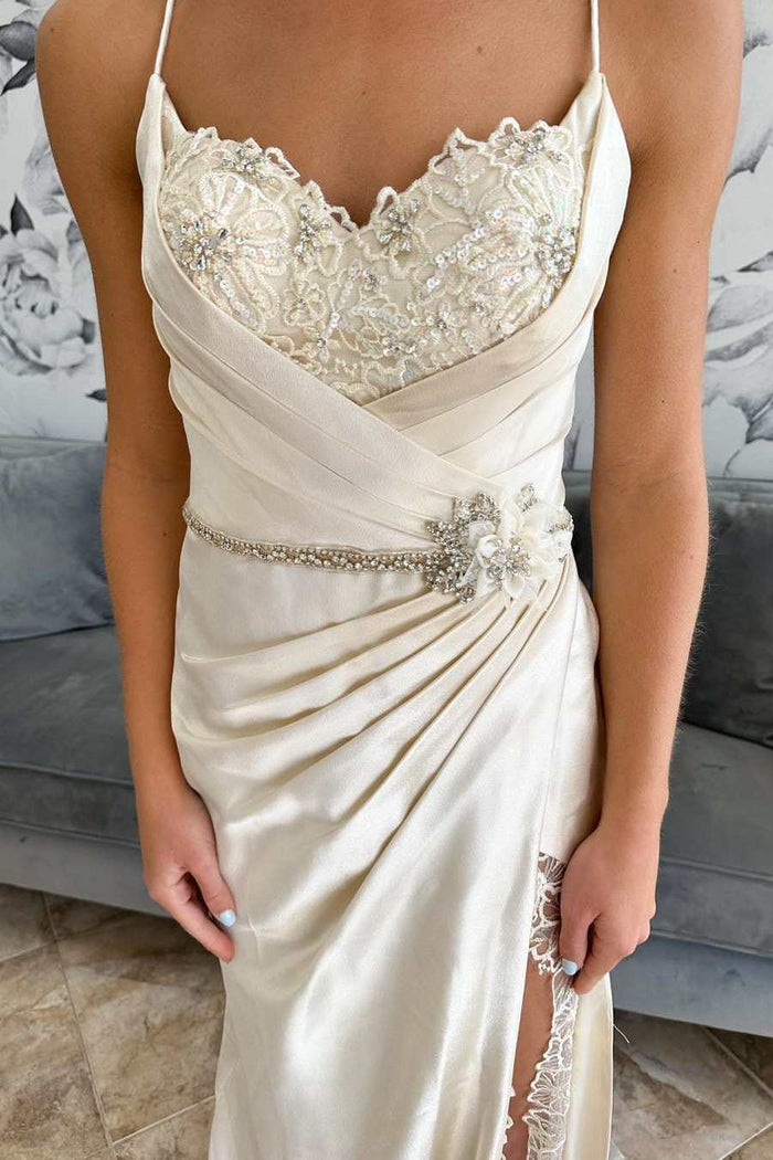 Beige Satin Lace Belted Ruching Long Gown with Slit