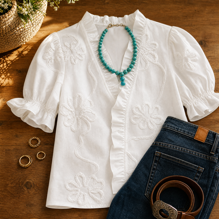 Belvera Romantic Ruffled V-Neck Blouse with Puff Sleeves