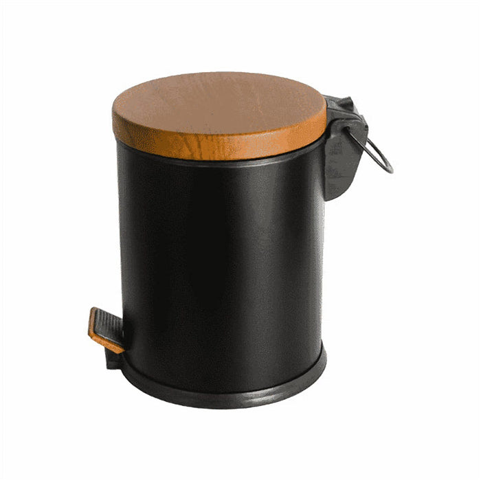 Black 5 L Stainless Steel Pedal Bin with Wooden Lid for Bathroom
