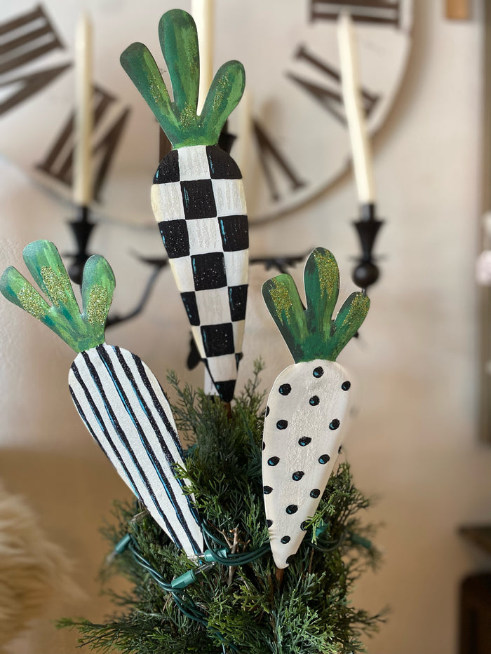 Black and White Patterned Carrots Outdoor Stake Set of 3