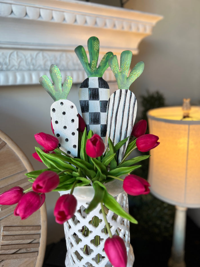 Black and White Patterned Carrots Outdoor Stake Set of 3