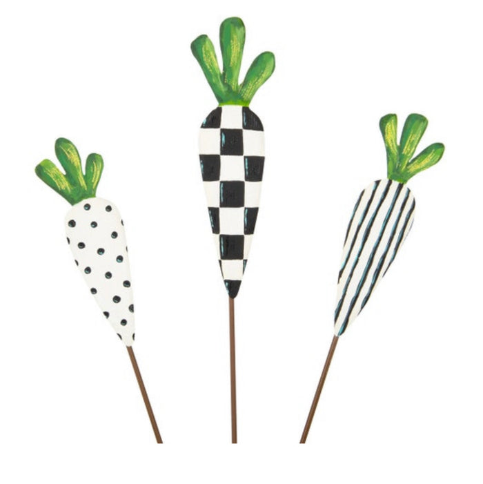 Black and White Patterned Carrots Outdoor Stake Set of 3