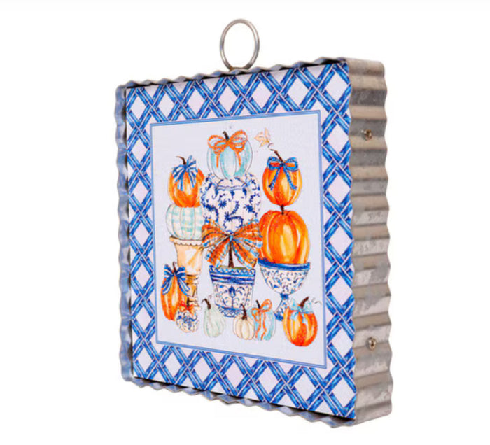 Blue and White Lattice with Pumpkins Fall Mini Print
