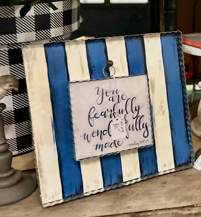 Blue and White Stripe Display Stand for Mini Prints or Charms Attached Easel on Backside