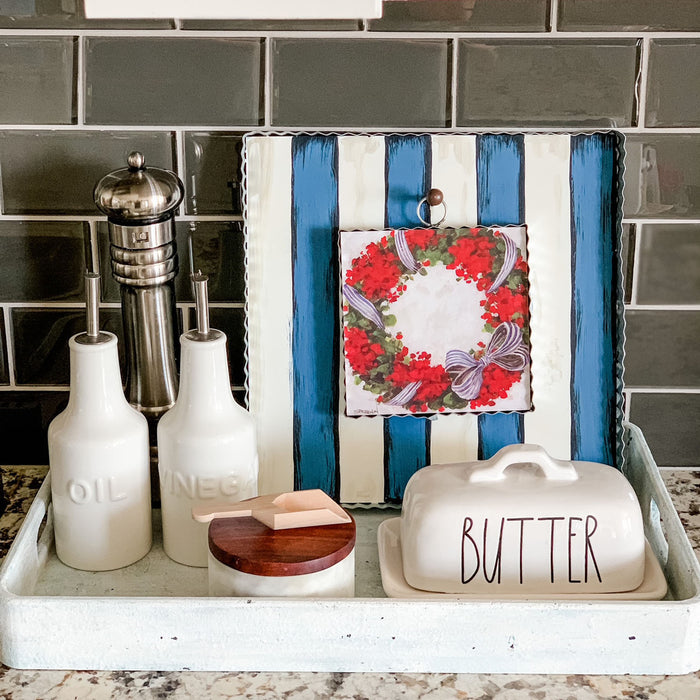 Blue and White Stripe Display Stand for Mini Prints or Charms Attached Easel on Backside