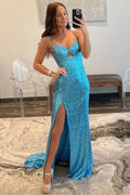 Blue Sequin Keyhole Straps Mermaid Long Prom Dress with Slit