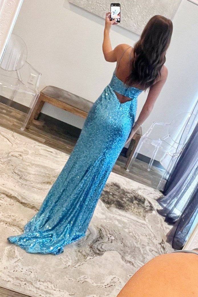 Blue Sequin Keyhole Straps Mermaid Long Prom Dress with Slit