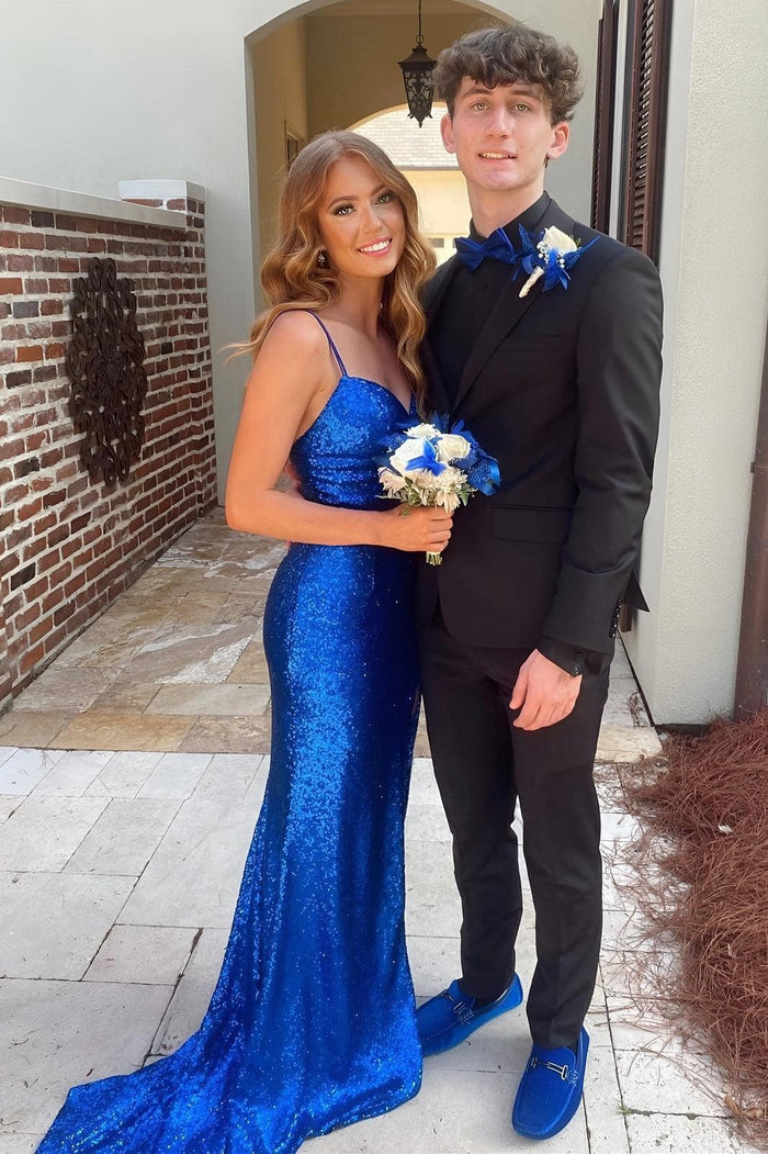 Blue Sequin Keyhole Straps Mermaid Long Prom Dress with Slit