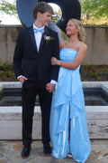 Blue Strapless A-Line Ruffles Empire-Waist Sleeveless Prom Dress