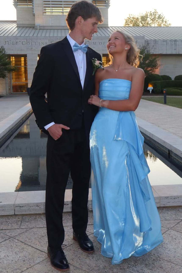 Blue Strapless A-Line Ruffles Empire-Waist Sleeveless Prom Dress