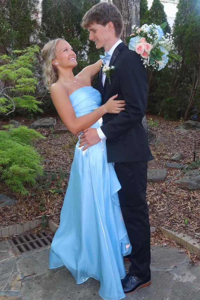 Blue Strapless A-Line Ruffles Empire-Waist Sleeveless Prom Dress